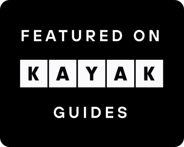 Logo with 'Featured on Kayak Guides' text and bold 'KAYAK' letters on a black background.