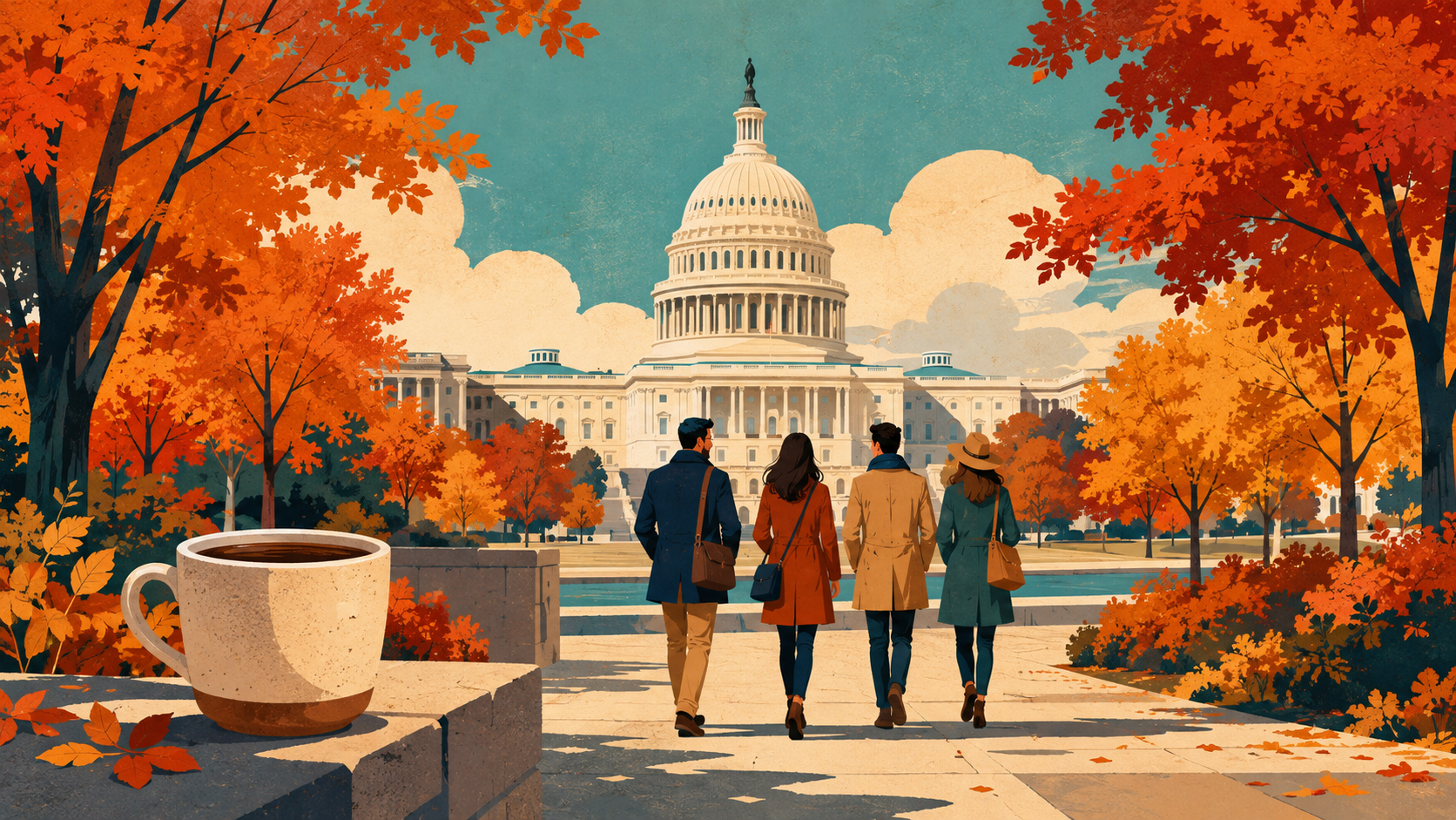 Illustrated autumn scene in Washington, D.C. with the Capitol, colorful leaves, coffee and adults exploring the city