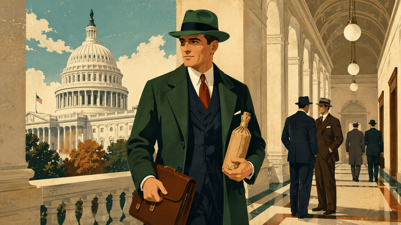 Editorial illustration of a 1920s bootlegger in a green hat carrying a package near the U.S. Capitol