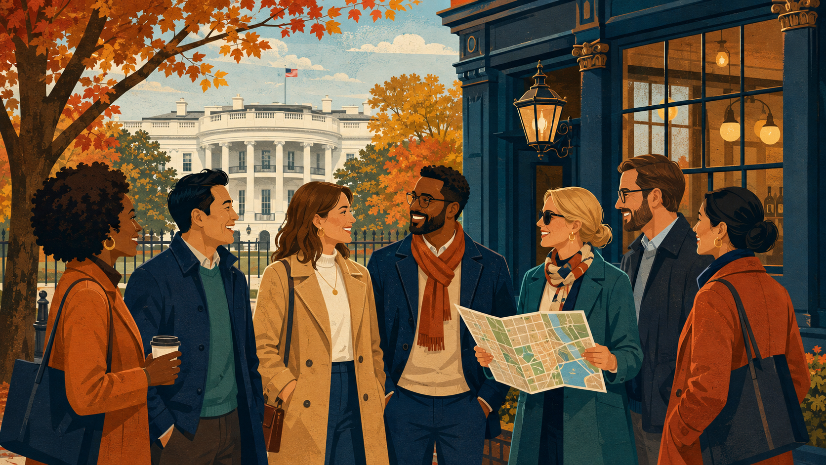 A cheerful group of adult coworkers enjoying a fall team outing near the White House in an editorial illustration