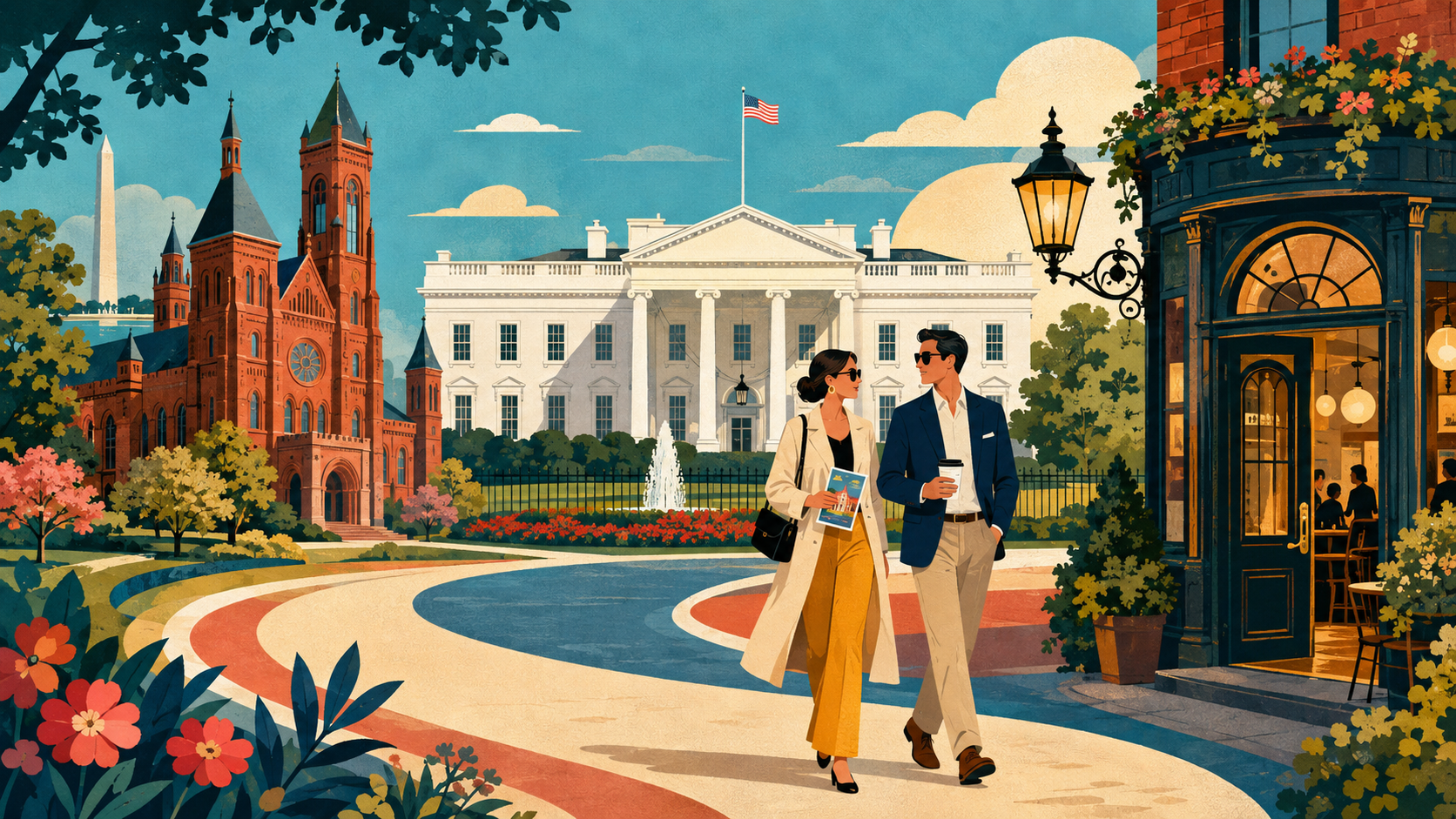 Editorial illustration of adults following a one-day route past the White House, museums and a historic pub in Washington, D.C.