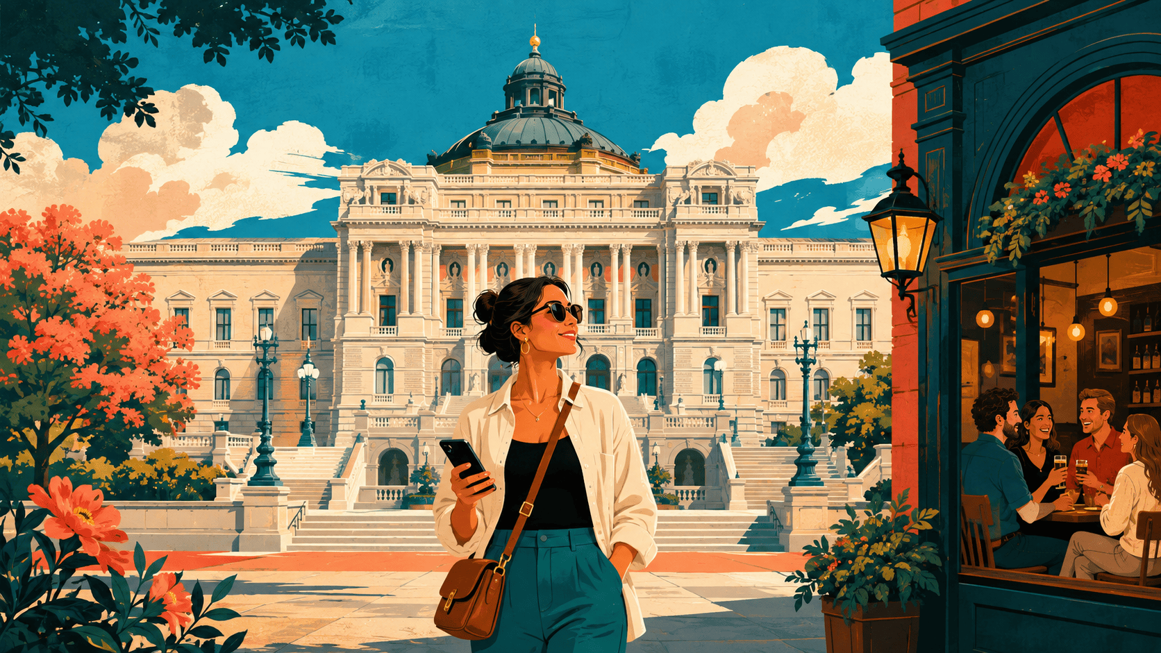 A confident solo adult traveler exploring Washington, D.C. near the Library of Congress and meeting people at a historic pub