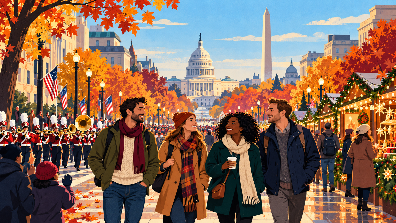 Adult visitors watch a November parade beneath autumn trees, with the U.S. Capitol and Washington Monument in the distance.