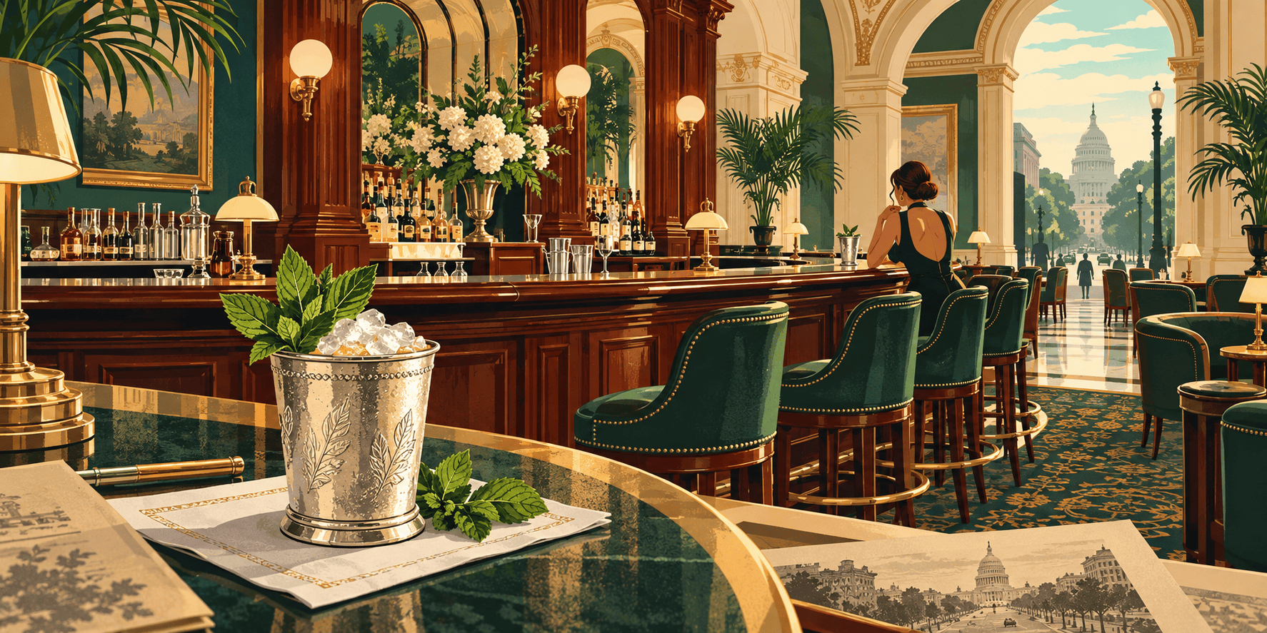 A mint julep in a silver cup sits on the polished counter of an ornate Washington hotel bar.